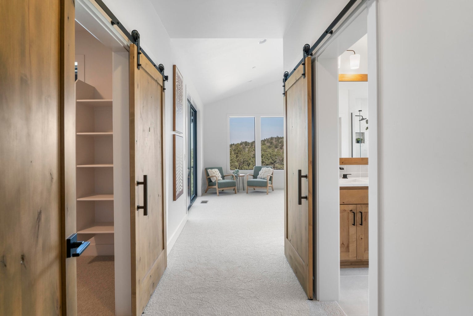 On the ground floor, a hallway within the primary suite leads to the walk-in closet and primary ensuite