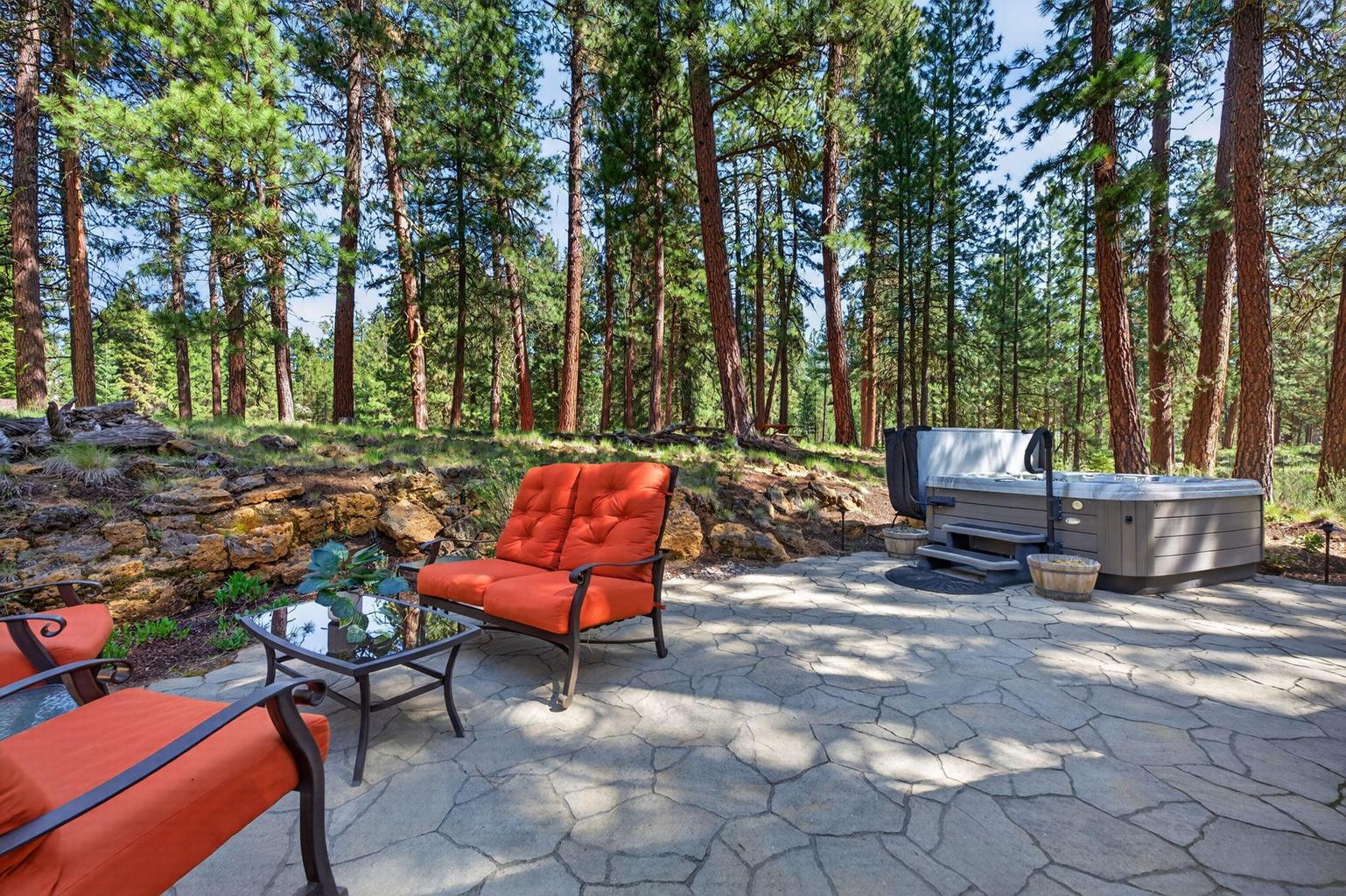 Natural Stone Patio, Firepit, and Hot Tub w/ forest views
