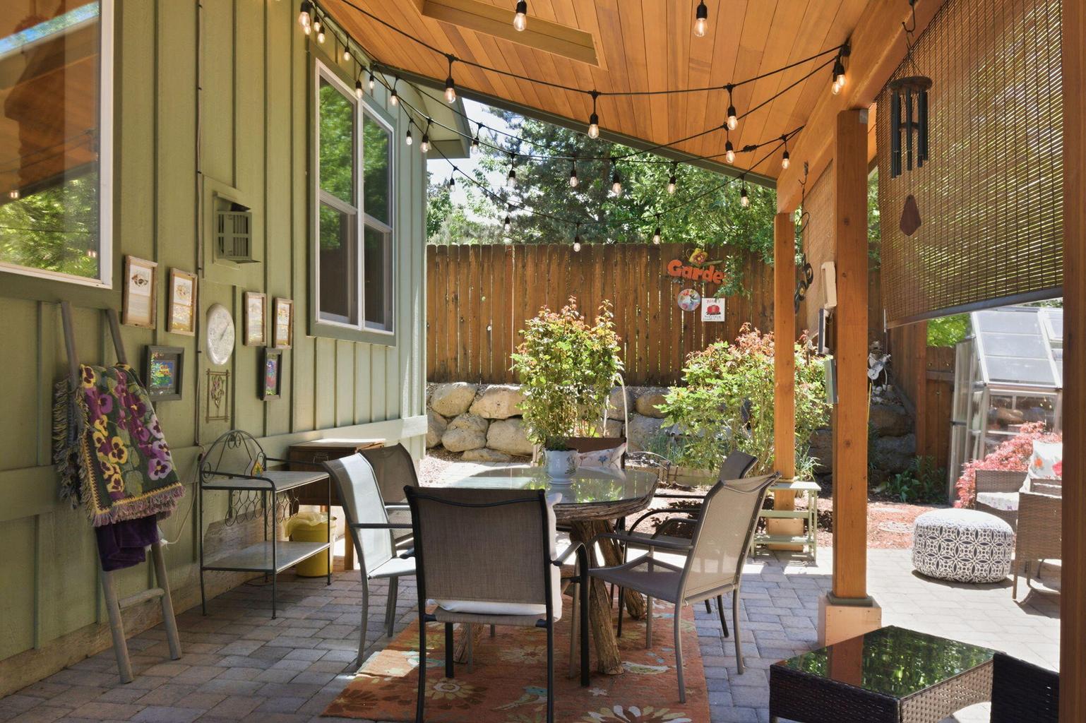 Custom pergola with skylights and copper roof. A lovely space for entertaining.