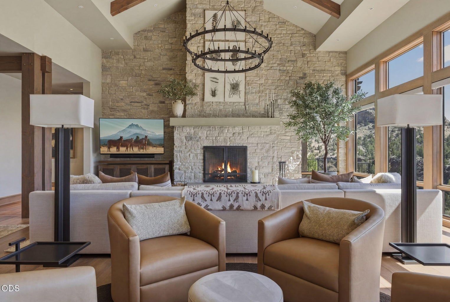 Living room, vaulted beamed ceiling, stone fireplace, wraparound canyon views