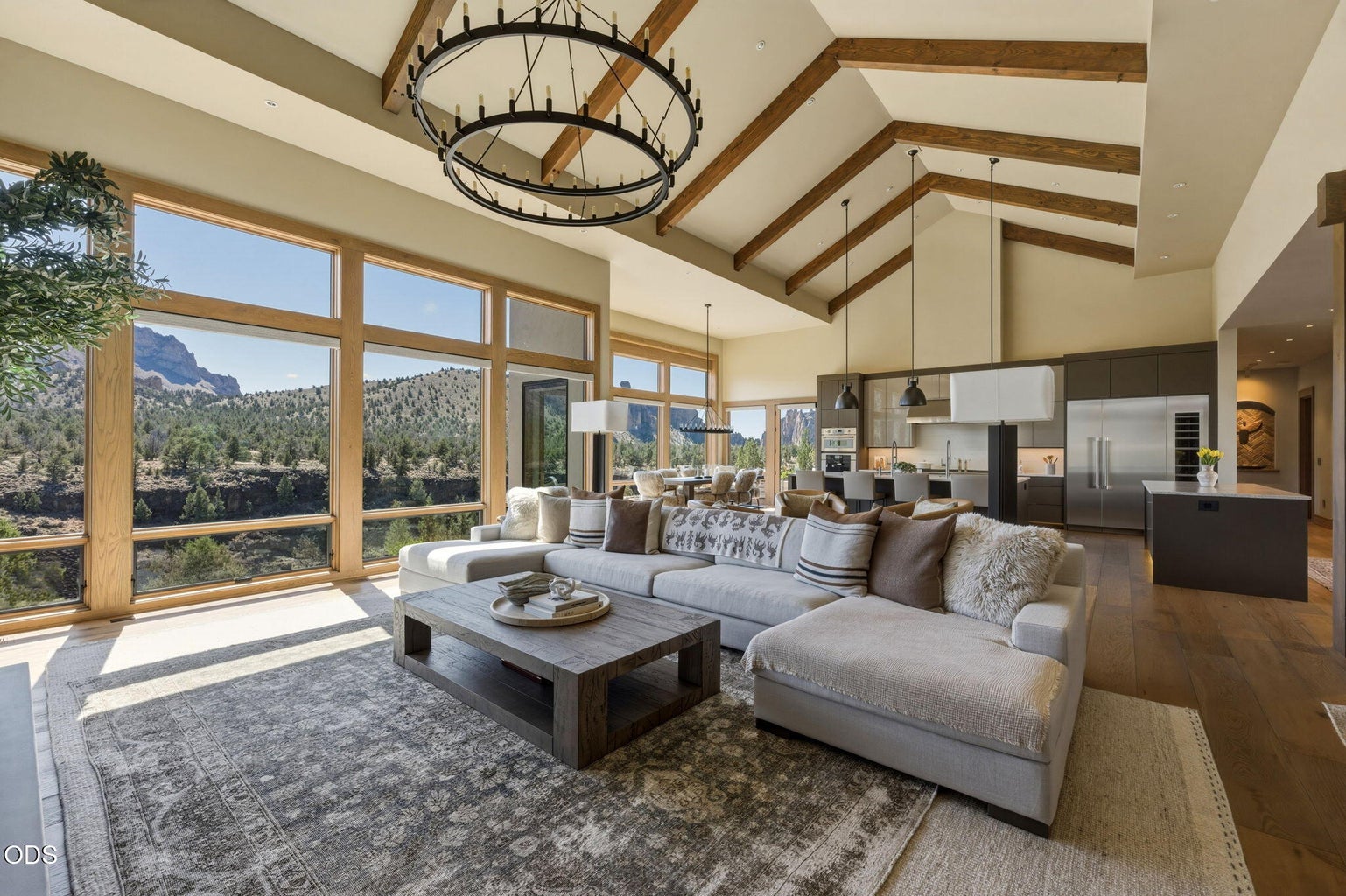 Living room, vaulted beamed ceiling, view to kitchen