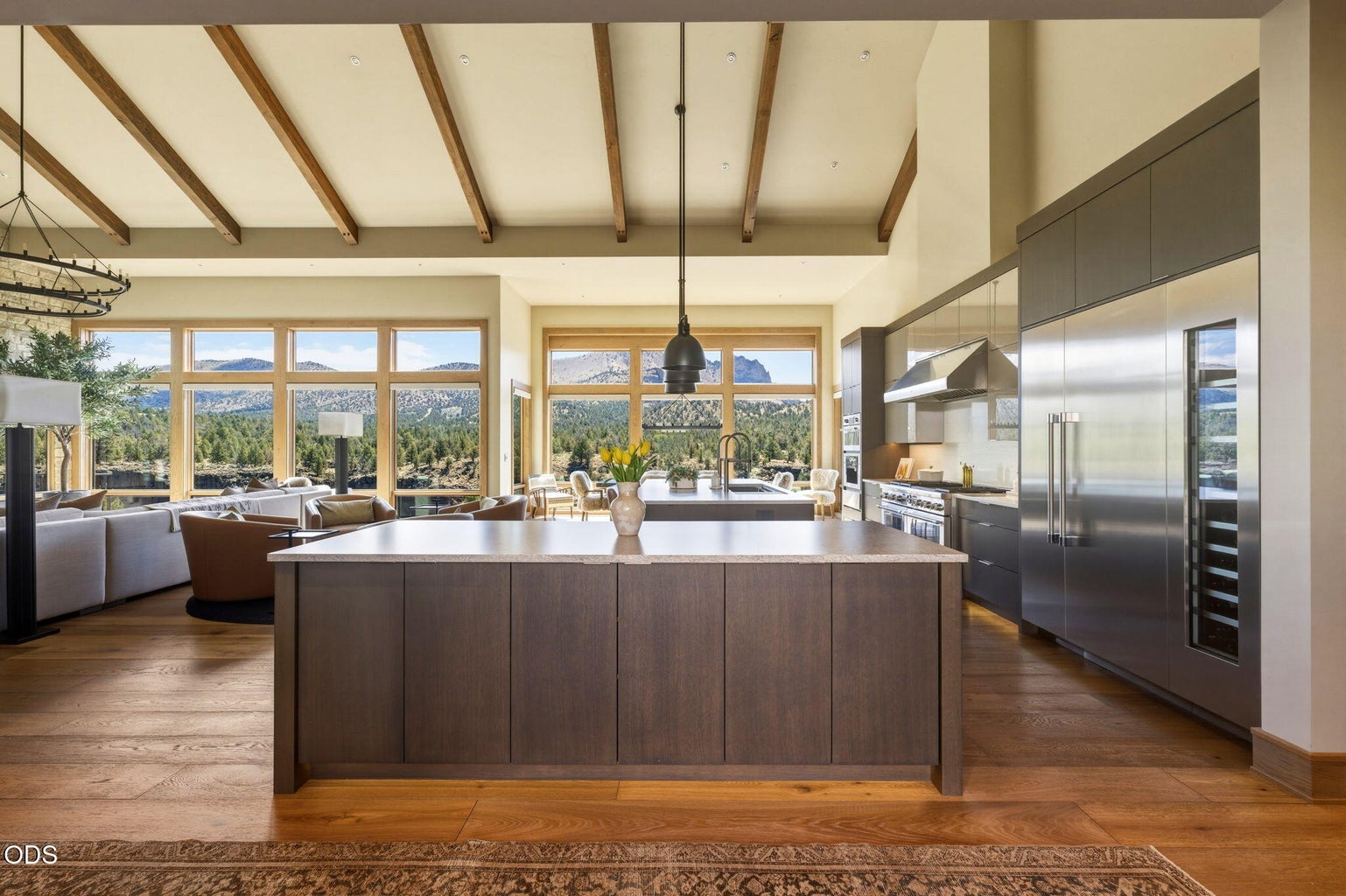 Kitchen island alternate angle, professional range wall, Smith Rock views