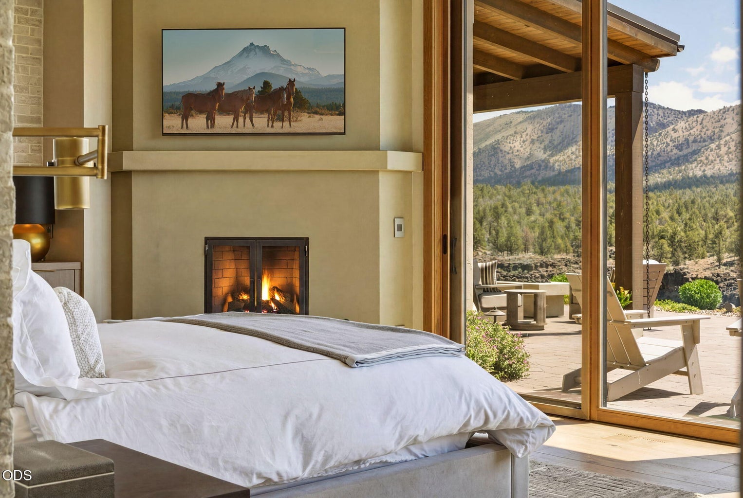 Primary suite, fireplace, access to terrace with mountain views