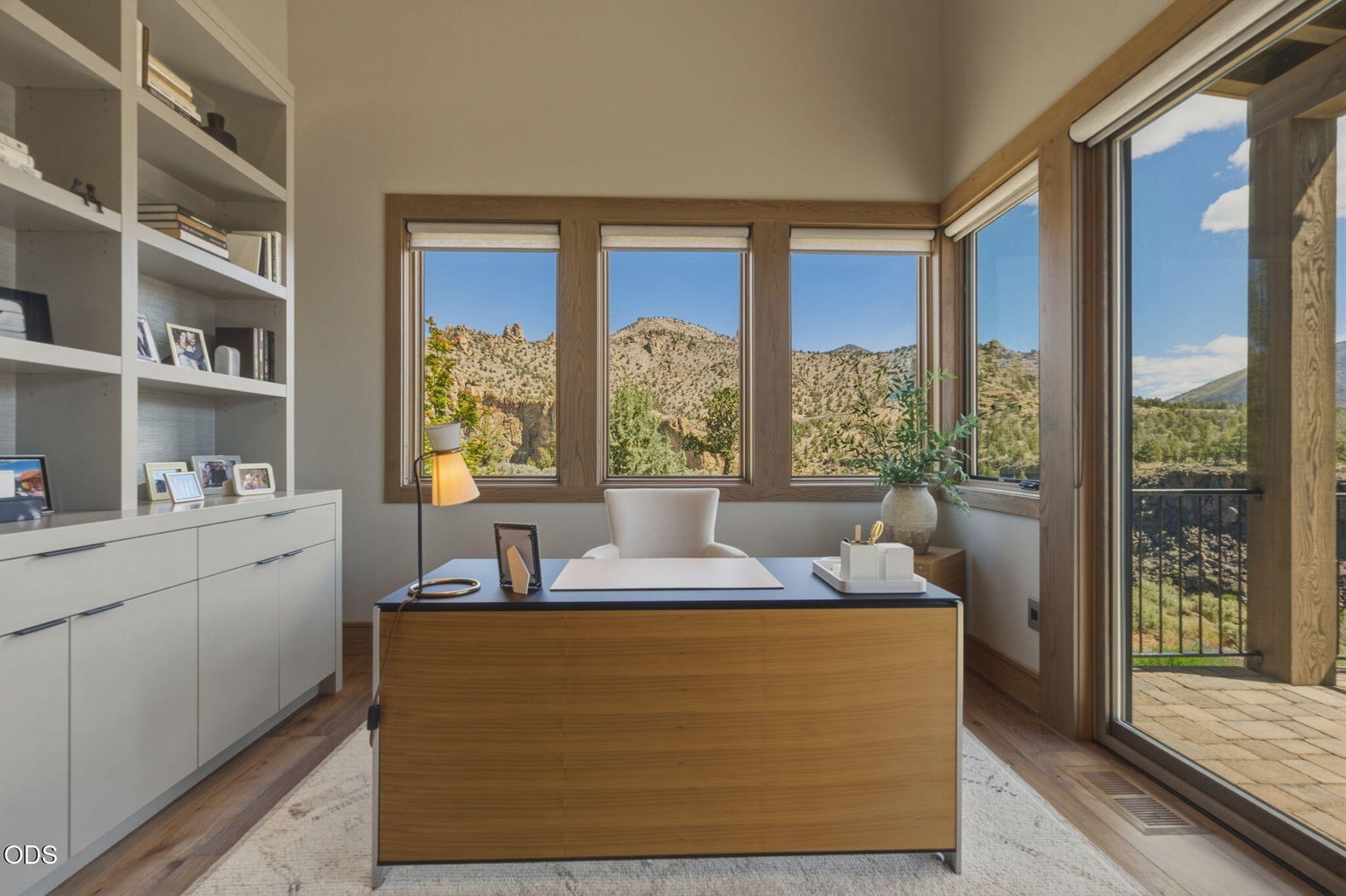 Private office, built-in cabinetry, canyon views, balcony access