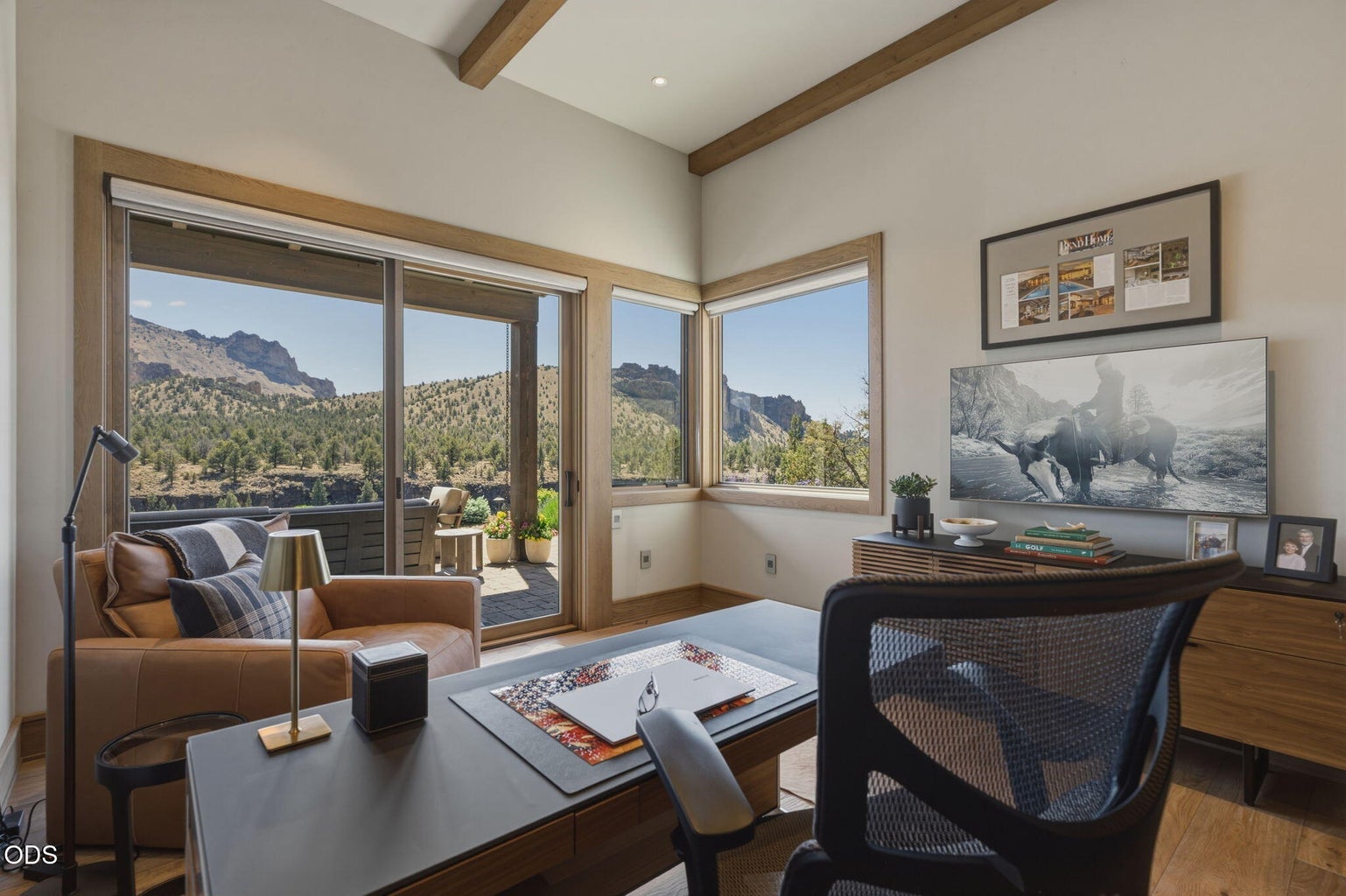 Second office/study, wood beam ceiling, wraparound Smith Rock views, balcony