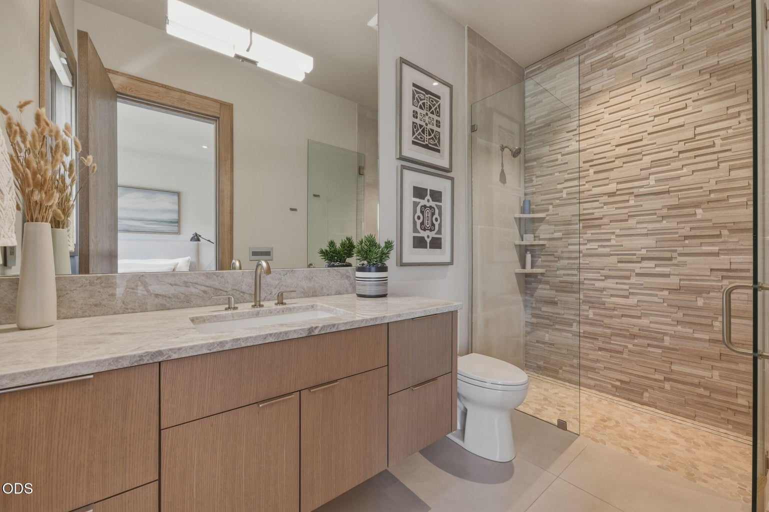 Guest bath, stone tile walk-in shower, marble vanity