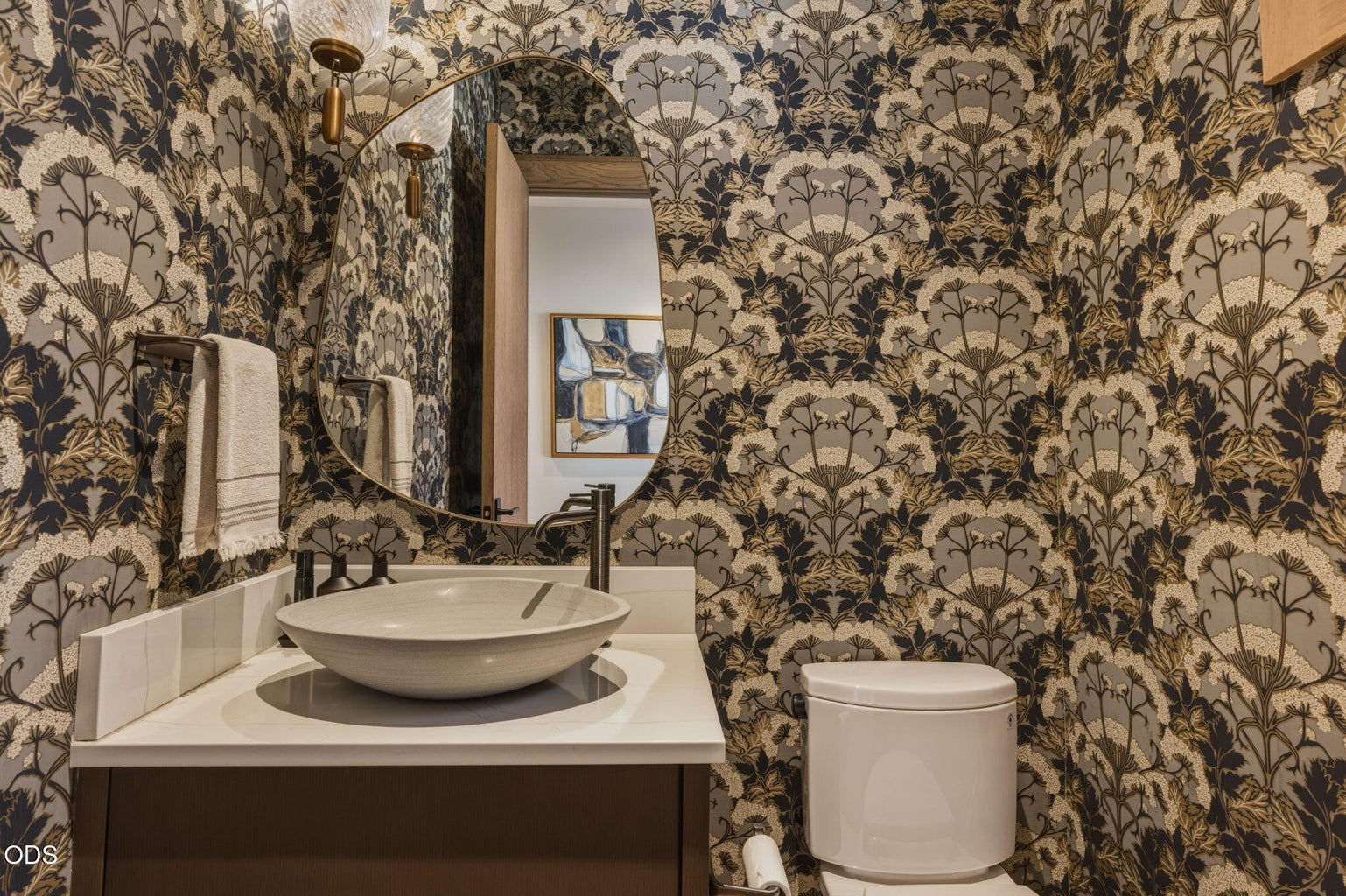 Powder room, with dramatic botanical wallpaper