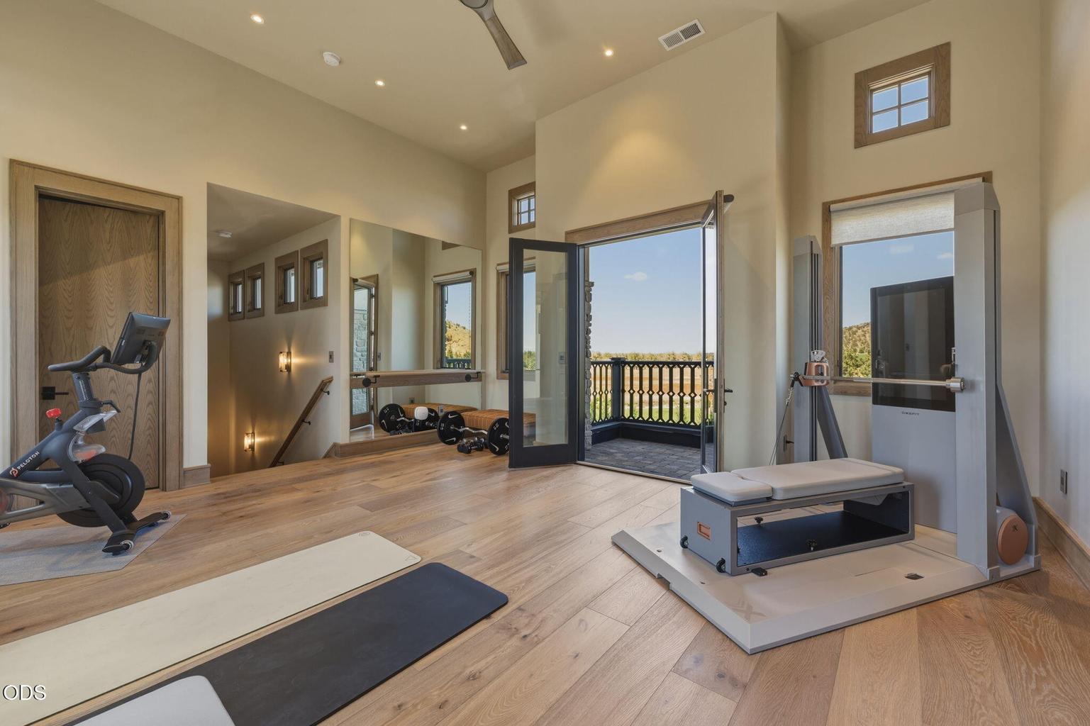 Full gym space w/ French doors to balcony and mountain views