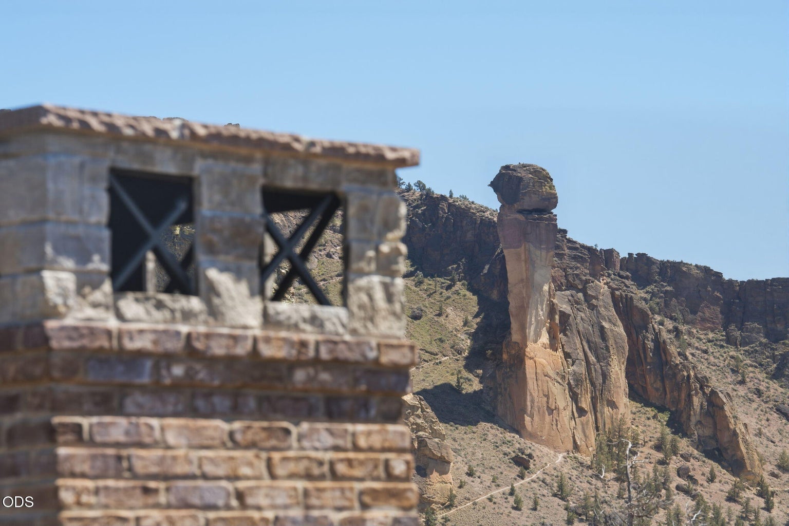 Architectural detail with Smith Rock and Monkey Face spire