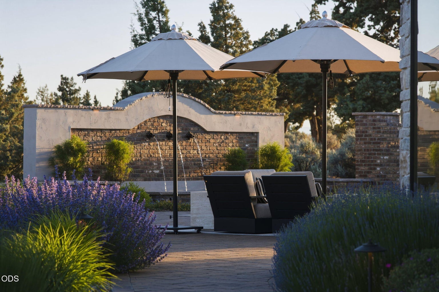 Pool terrace at golden hour and lounge seating