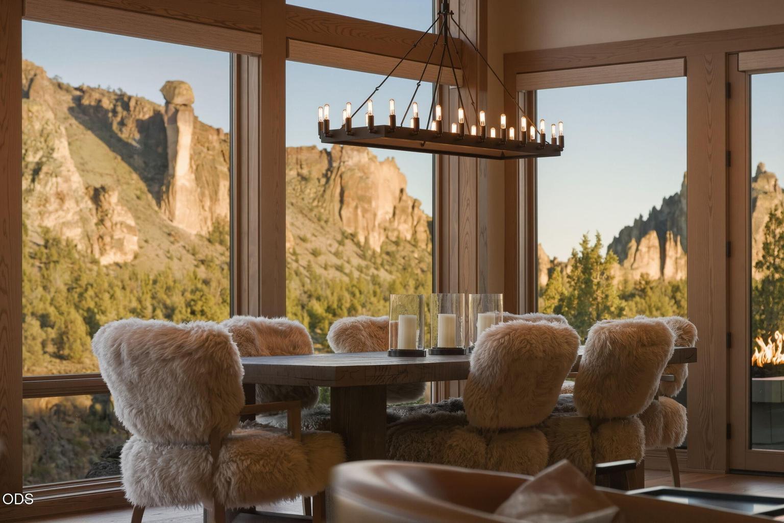 Dining area at golden hour, wraparound Smith Rock views, round table, statement chandelier