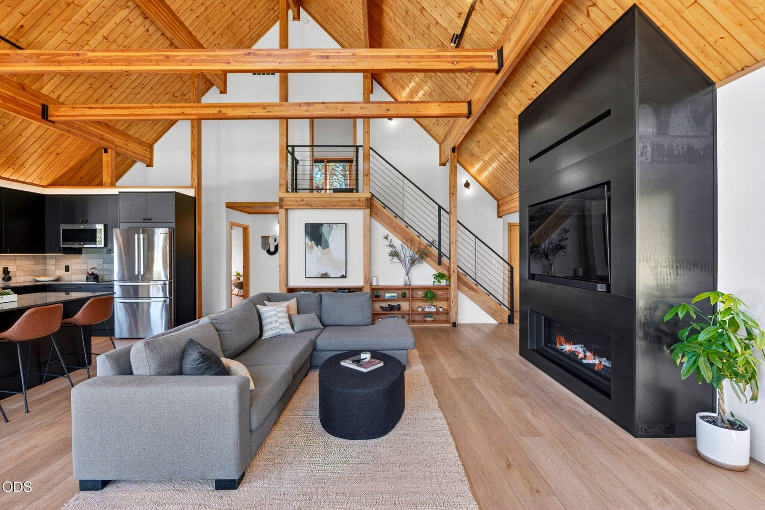 Custom made fireplace designed so the TV is at eye level.