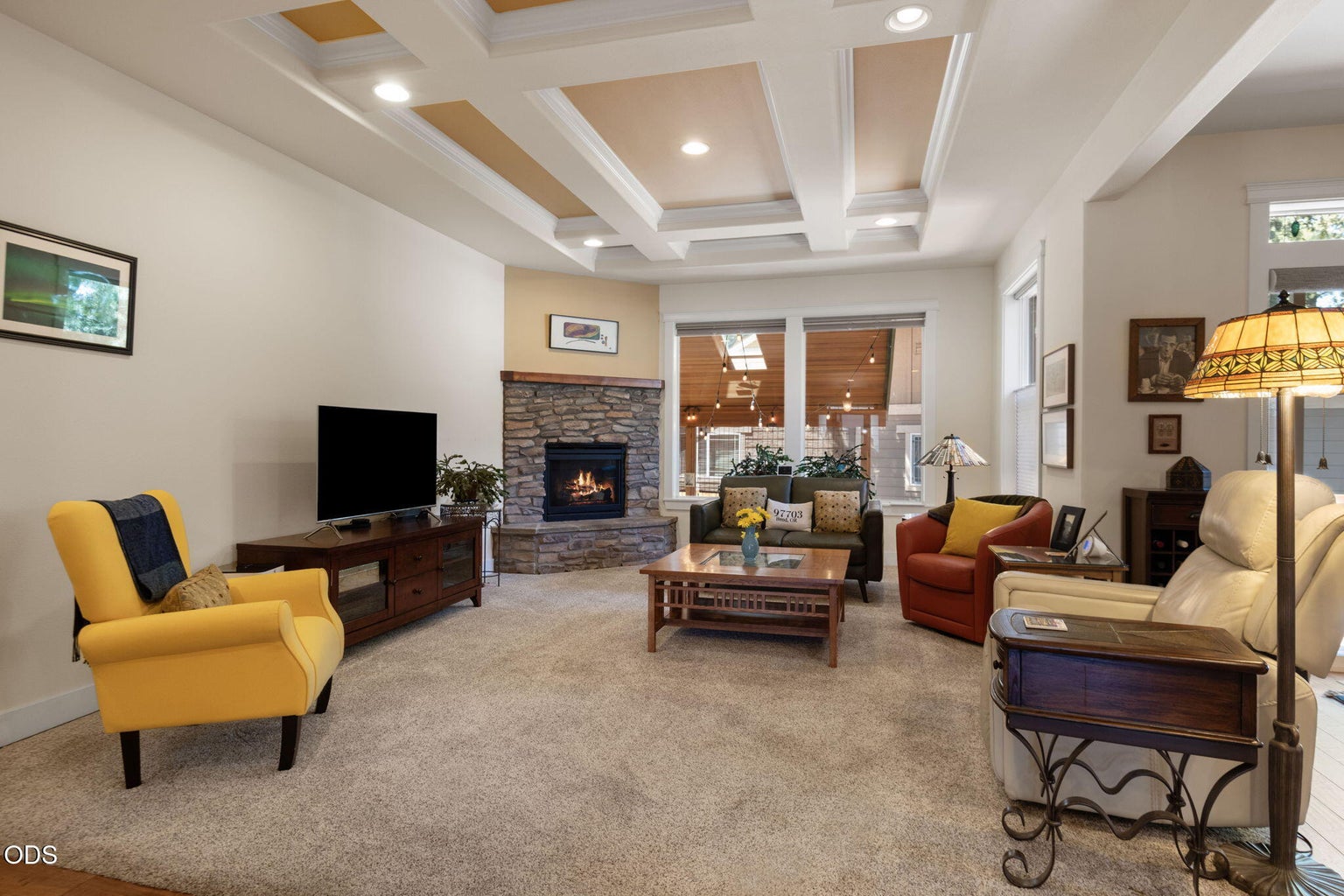 Walls of windows, gas fireplace, spacious great room.