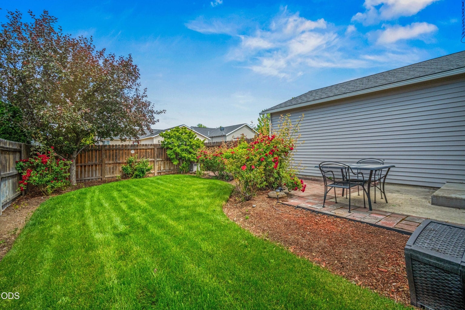 This backyard view shows the appealing mix of patio, lawn, roses, fencing, and usable outdoor space.