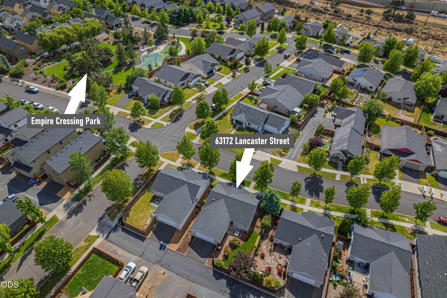 Labeled aerial imagery highlights the home’s location near Empire Crossing Park, a valued neighborhood amenity just moments away.