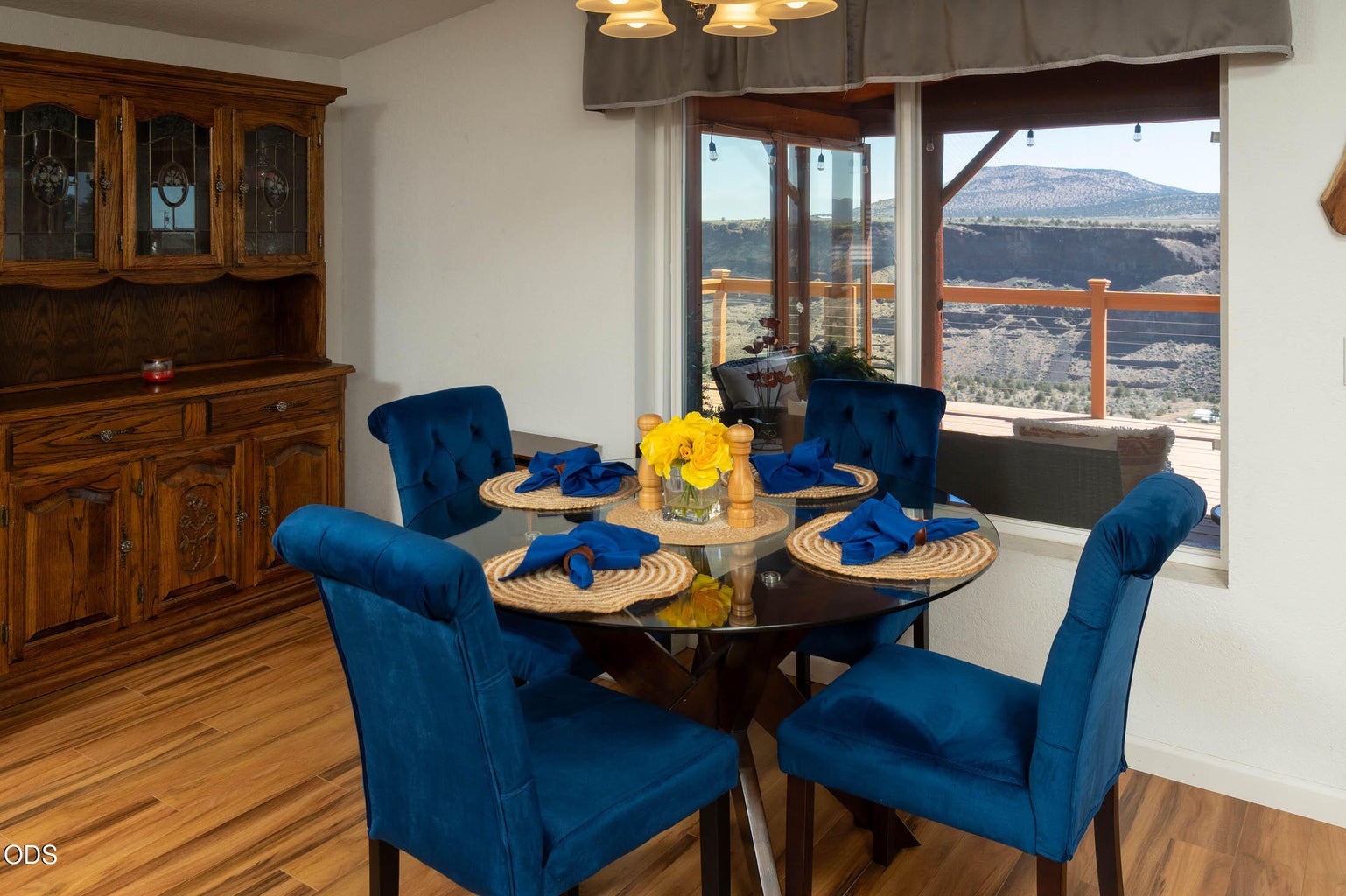 Dining area boasts stellar views of the canyon, farm fields and buttes, beyond.
