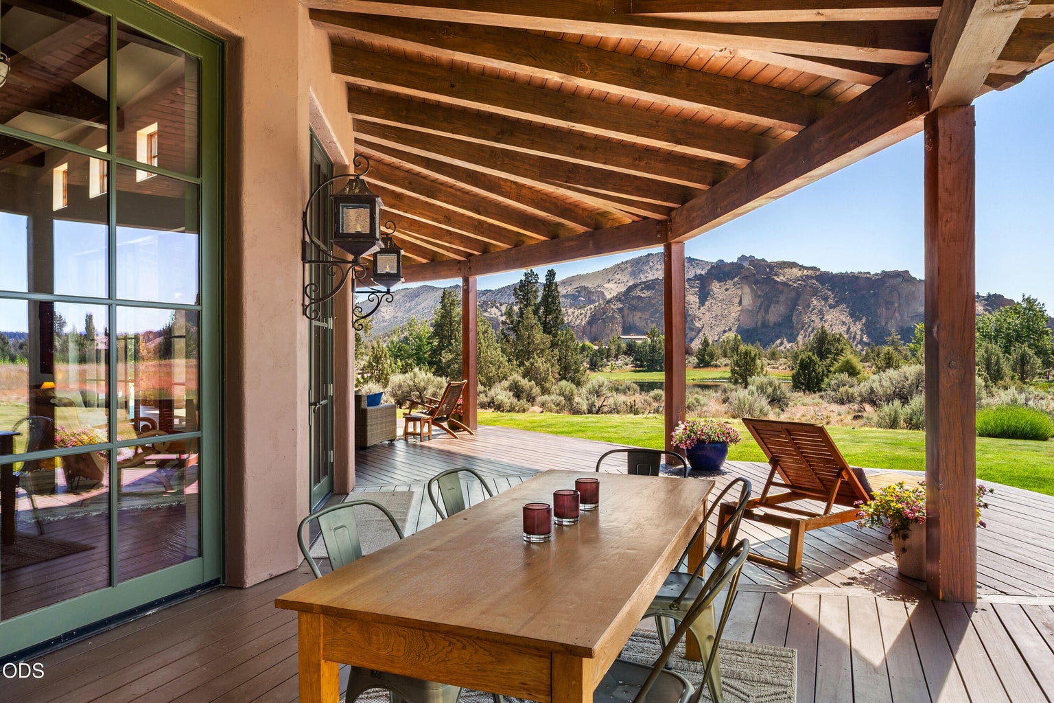 Outdoor living spaces with lake and Smith Rock Views