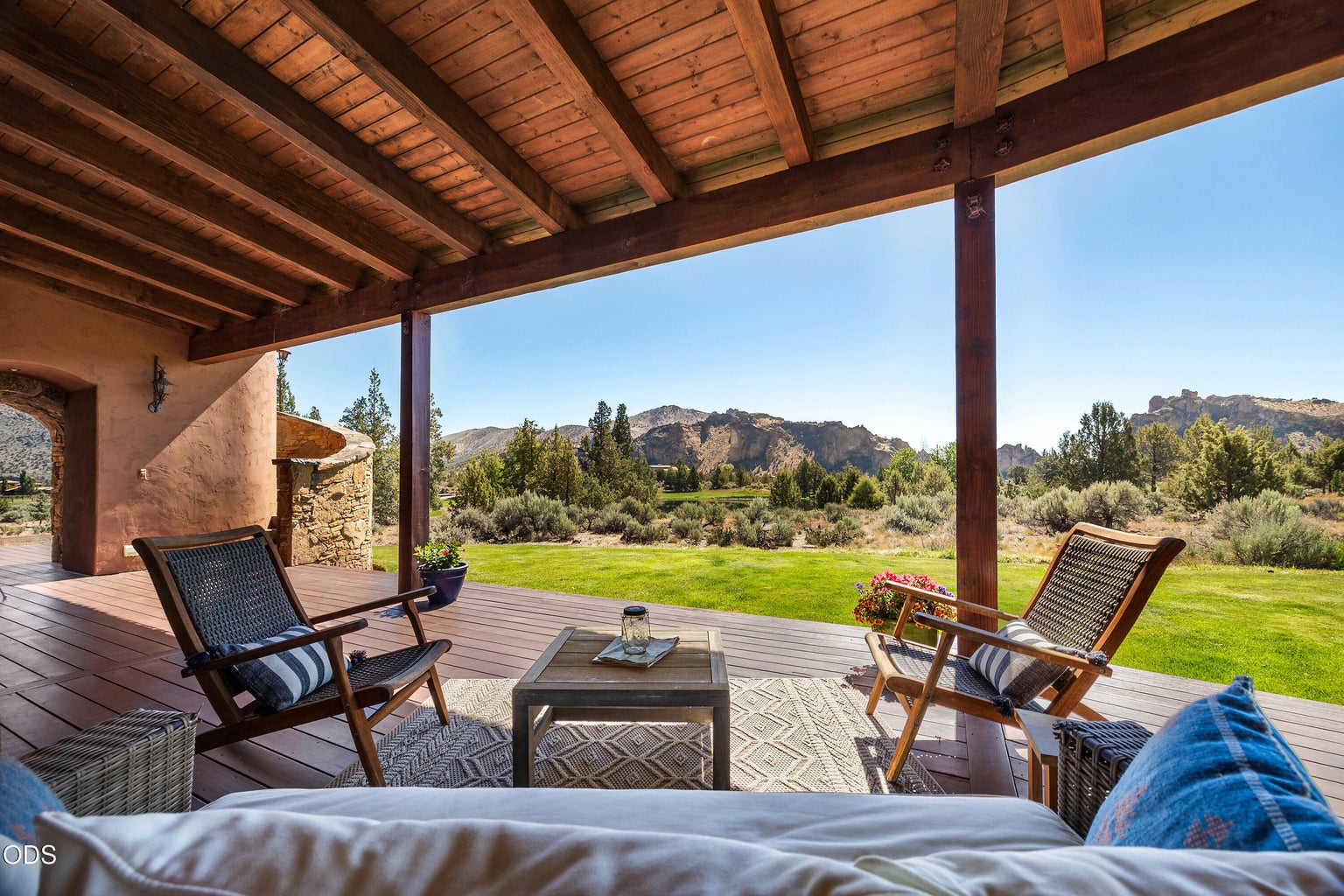 Spacious deck with lake Smith Rock views