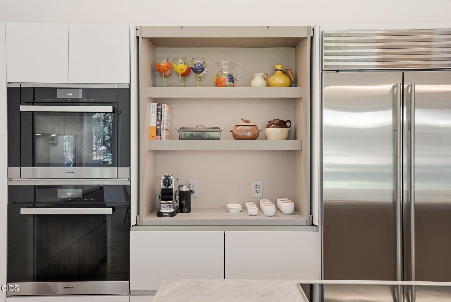 Appliance garage. Sub Zero Refrigerator.