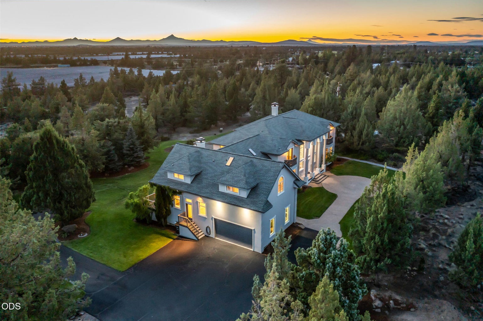 Aerial view at dusk from SE
