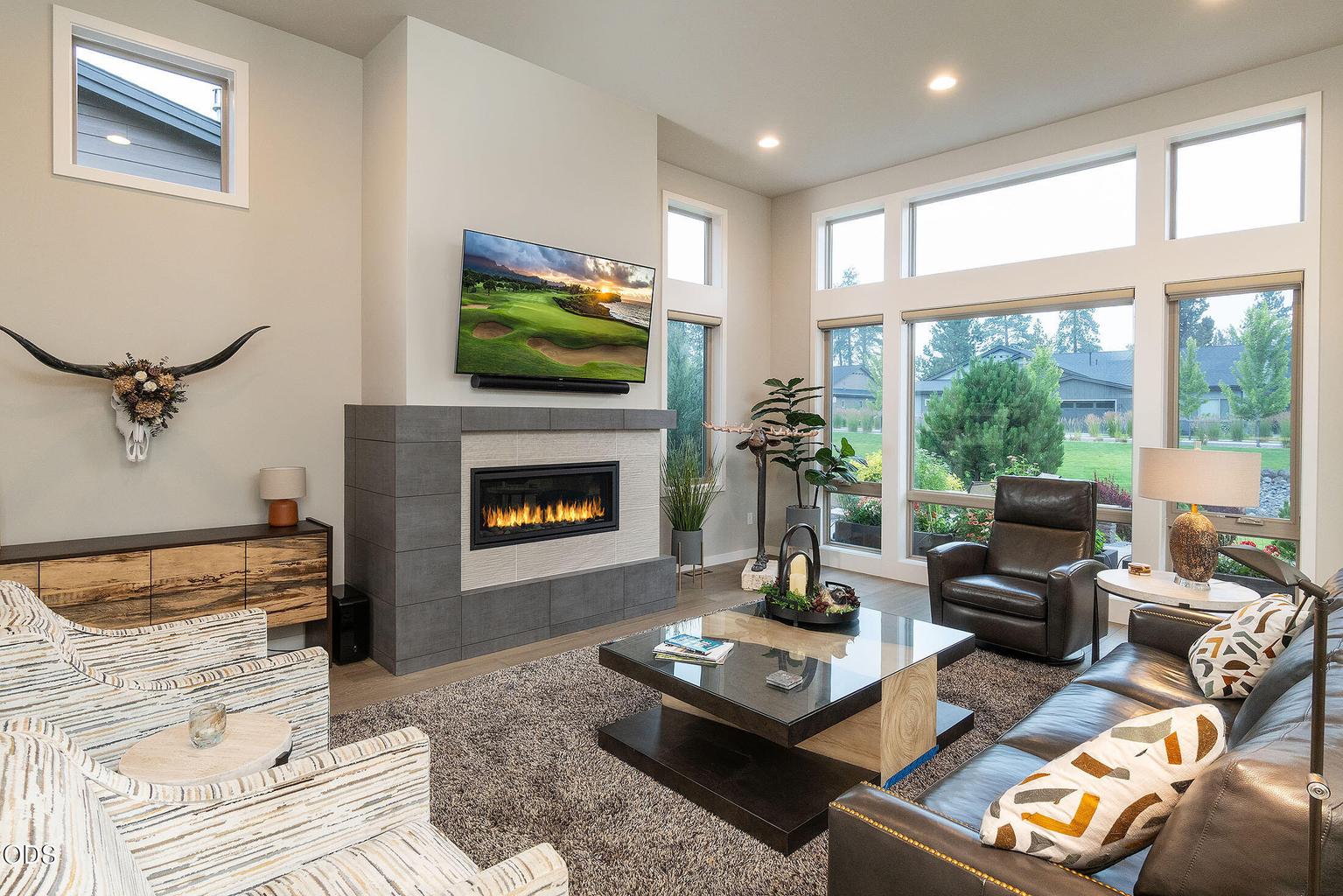 Ceiling-height windows in living room