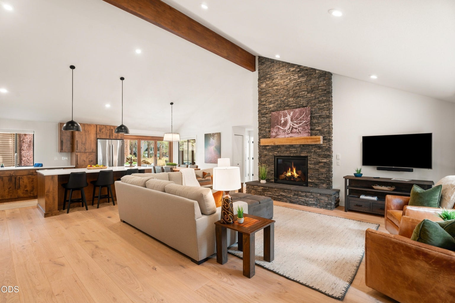 Great room with floor to ceiling fireplace