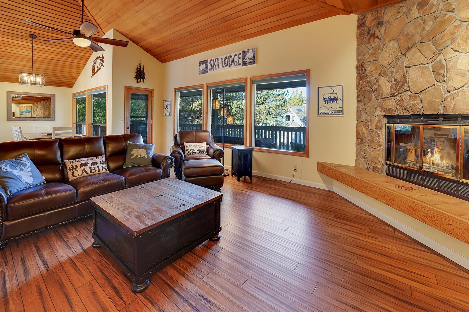 Upstairs Living Room with Fireplace & Forest Views