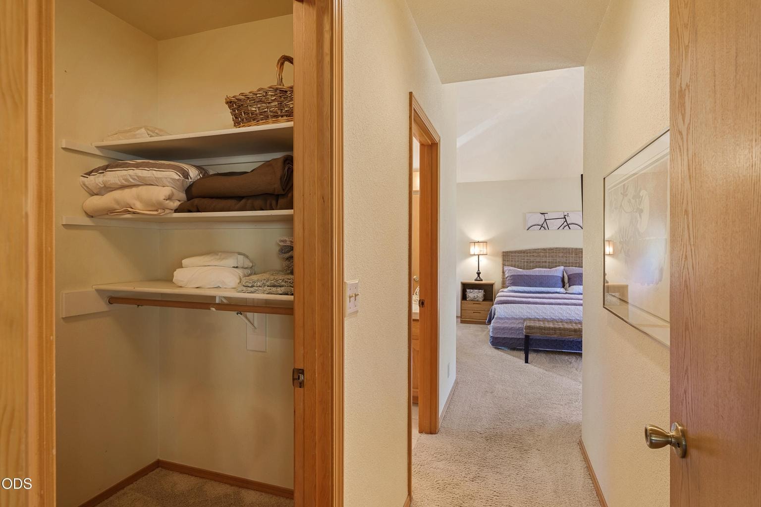 Entrance to primary bedroom suite on main living floor with walk-in closet